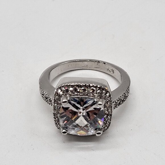 Silver Tone Fashion Ring Square Cut Faceted SZ 7.75 Bling Wedding - Picture 5 of 9